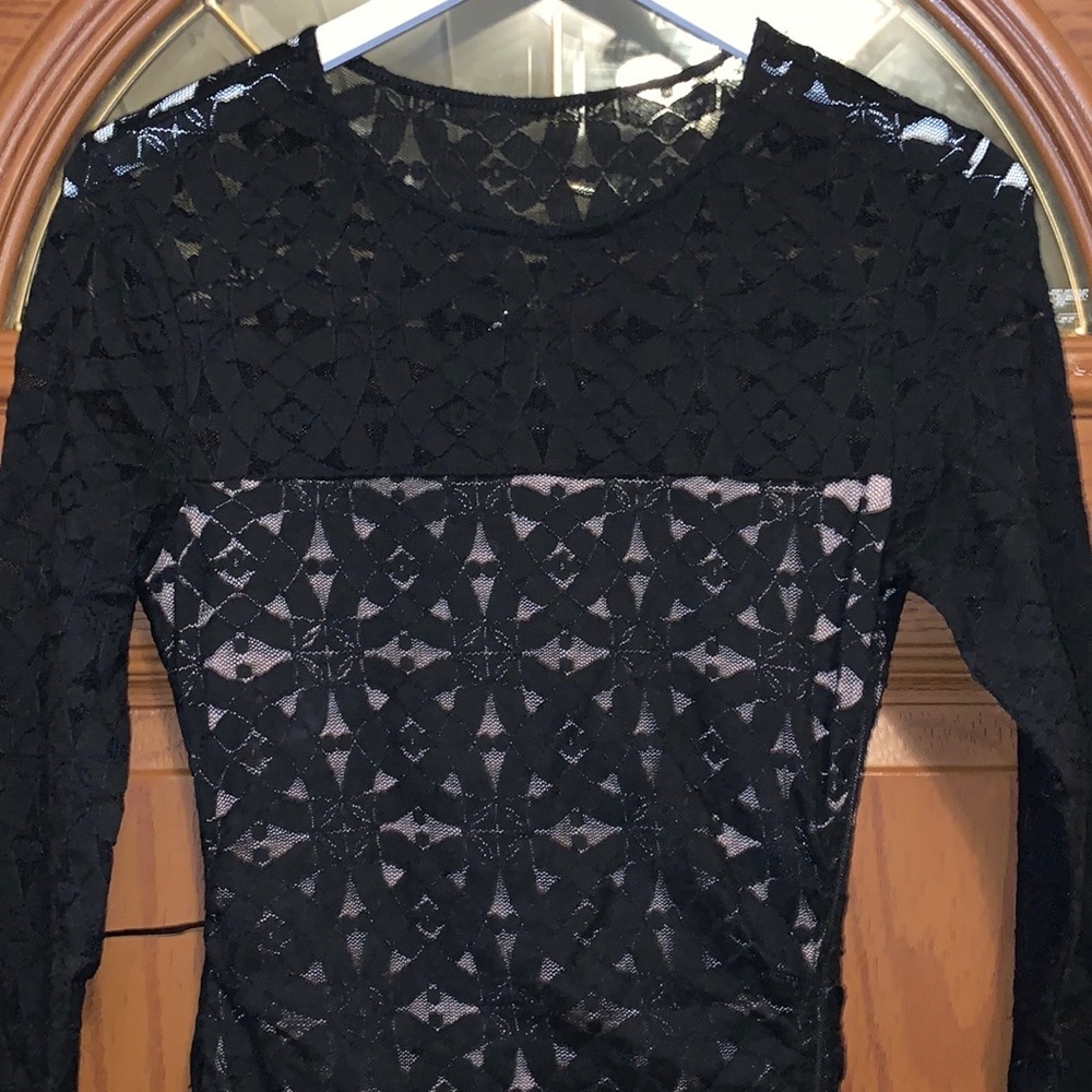 BCBGMaxAzria Alesandra Black Lace Long Sleeve Ruched Dress With Zipper Detail - Picture 6 of 16